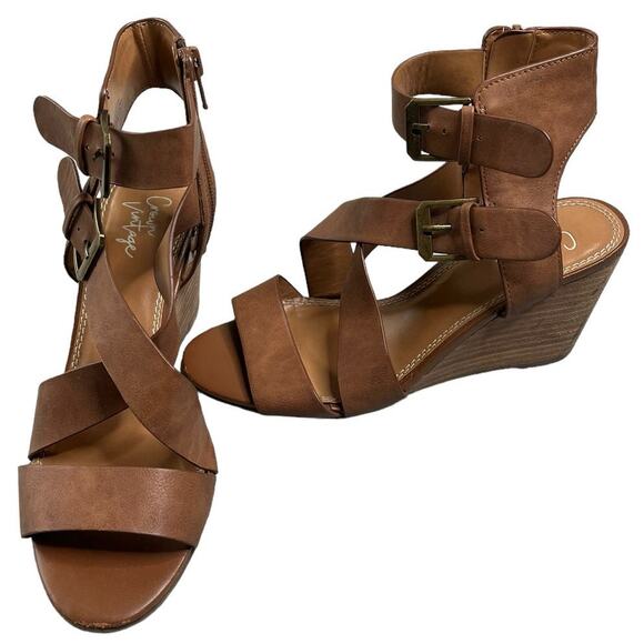 Crown Vintage tan faux leather strappy sandal wedge heel Lillee 6.5 - Picture 1 of 8